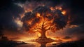 The Fire Consumes The Big Tree of Life in Forest Thuderstorm Background AI Generative