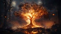 The Fire Consumes The Big Tree of Life in Forest Thuderstorm Background AI Generative