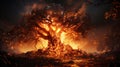 The Fire Consumes The Big Tree of Life in Forest Thuderstorm Background AI Generative