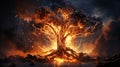 The Fire Consumes The Big Tree of Life in Forest Thuderstorm Background AI Generative