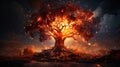 The Fire Consumes The Big Tree of Life in Forest Thuderstorm Background AI Generative