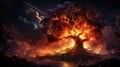 The Fire Consumes The Big Tree of Life in Forest Thuderstorm Background AI Generative