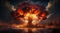 The Fire Consumes The Big Tree of Life in Forest Thuderstorm Background AI Generative