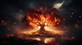 The Fire Consumes The Big Tree of Life in Forest Thuderstorm Background AI Generative