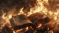 The fire crackles and pops as it consumes a pile of old books pages and words lost in the dancing flames. Royalty Free Stock Photo