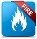 Fire cyan blue square button red ribbon in corner