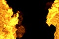 Fire 3D illustration of cosmic glowing fire frame isolated on black - top and bottom are empty, fire lines from sides left and