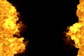 Fire 3D illustration of mystical fiery fireplace frame isolated on black - top and bottom are empty, fire lines from sides left