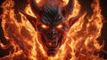 fire in the dark, evil face horned demon burning