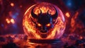 fire in the dark highly intricately photograph of The dragon Devil surrounded by flames in hell inside a glass ball, Royalty Free Stock Photo