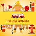 Fire department banner vector illustration. Firefighting equipment and tools firehose hydrant, alarm, bollard and