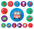 Fire Department flat icons in set collection for design. Firefighters and equipment vector symbol stock web illustration Royalty Free Stock Photo