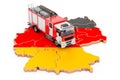 Fire department in Germany. Fire engine truck on the German map. 3D rendering Royalty Free Stock Photo