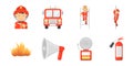 Fire Department icons in set collection for design. Firefighters and equipment vector symbol stock web illustration. Royalty Free Stock Photo