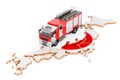 Fire department in Japan. Fire engine truck on the Japanese map. 3D rendering