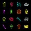 Fire Department neon icons in set collection for design. Firefighters and equipment vector symbol stock web illustration Royalty Free Stock Photo