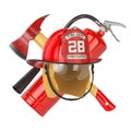 Fire Deprtment Emblem. Firefighter badge on a helmet with fire extinguisher and axe