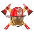 Fire Deprtment Emblem. Firefighter badge on a helmet with fire extinguisher and axe