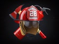 Fire Deprtment Emblem. Firefighter badge on a helmet with fire extinguisher and axe