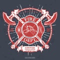 Fire Dept. Label. Helmet with Crossed Axes T-shirt Graphics. Vector