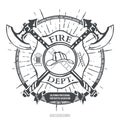 Fire Dept. Label. Helmet with Crossed Axes T-shirt Graphics. Vector