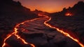 desert A fiery lava flow glows volcanic un sets behind the horizon, creating a dramatic contrast between light and shadow