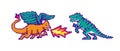 Fire dragon and dinosaur. Fight or Battle in the game concept. Pixel art 8 bit objects. Retro digital game assets