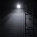 Fire emergency rescue access escape ladder stairway, roof maintenance stairs at night, bright shining lantern lamp light Royalty Free Stock Photo