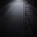 Fire emergency rescue access escape ladder stairway, roof maintenance stairs at night, bright shining lantern lamp light Royalty Free Stock Photo