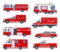 Fire engine. Collection with red emergency department lighting service van helicopter vector vehicles