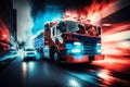 Fire engine driving fast on a road in an emergency. Fire truck with blue lights moving to fire. Generative AI Royalty Free Stock Photo