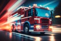 Fire engine driving fast on a road in an emergency. Fire truck with blue lights moving to fire. Generative AI Royalty Free Stock Photo