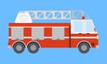 Fire engine in flat style. Side view and side view, isolated on blue background Royalty Free Stock Photo