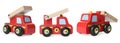 Fire engine isolated on white, different angles. Collage design with children\'s toy Royalty Free Stock Photo