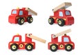 Fire engine isolated on white, different angles. Collage design with children\'s toy Royalty Free Stock Photo