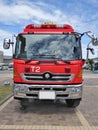 A fire engine parking in front of Yoichi Fire Department in Hokkaido, Japan