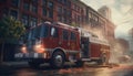 Fire engine speeding to rescue burning building, siren blaring generated by AI