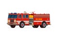 Fire engine truck isometric side front view. Firetruck car with alarm siren, water tank and hose. Firefighter red Royalty Free Stock Photo