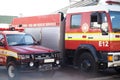 Fire engine, truck and rescue services at station ready for firefighting, emergency and transportation. Firefighter Royalty Free Stock Photo