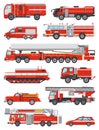 Fire engine vector firefighting emergency vehicle or red firetruck with firehose and ladder illustration set of Royalty Free Stock Photo