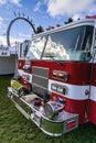 A beautiful red fire engine on display at a local public event in Portland, Oregon.