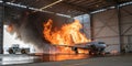 Fire engulfs aircraft in hangar during emergency response training exercise Royalty Free Stock Photo
