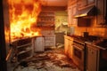 Fire engulfs a kitchen as a blaze rages out of control, Kitchen fire smoke and intense heat Royalty Free Stock Photo