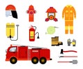 Fire equipment elements with hydrants, axe , mask, extinguisher, nozzle, truck, boat and gloves