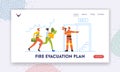 Fire Evacuation Plan Landing Page Template. Hazard at Office Workplace. Fireman with Megaphone Announce Fire Emergency