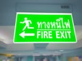 Fire exit sign, Emergency exit sign, Inside a building.