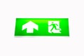 Fire exit green emergency exit sign. Escape sign hang on ceiling in the dark building near stairway. Royalty Free Stock Photo