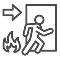 Fire exit line icon. Emergency evacuation outline style pictogram on white background. Flame and doorway with human Royalty Free Stock Photo