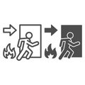 Fire exit line and solid icon. Emergency evacuation outline style pictogram on white background. Flame and doorway with Royalty Free Stock Photo