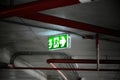 Fire exit sign or emergency singn, light in the dark on the parking lot in the building, exit singn in the dark light, close-up